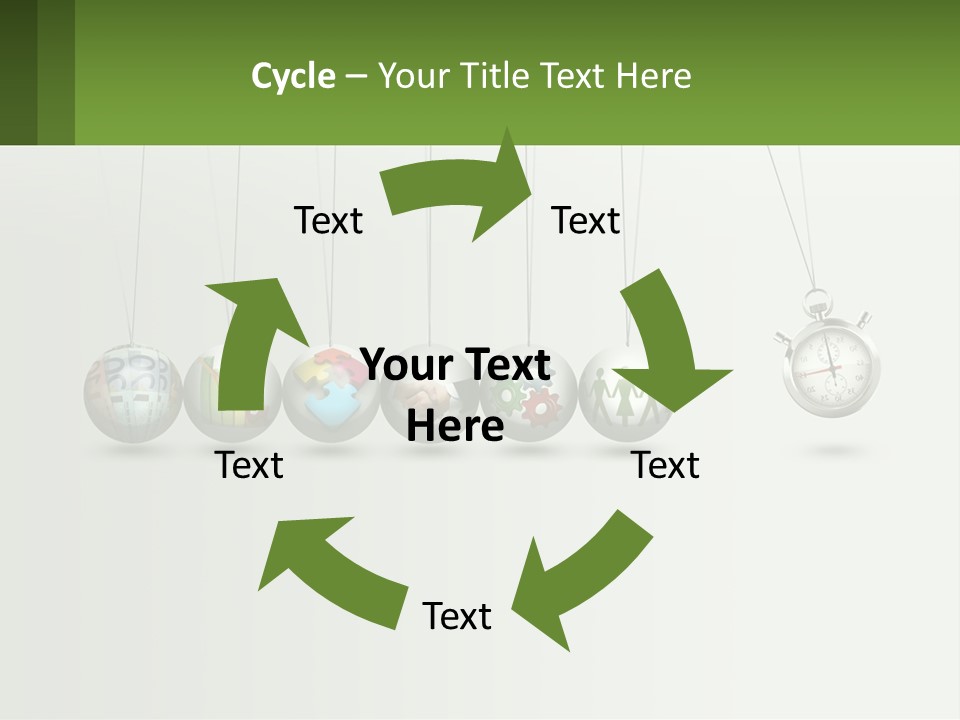 A Group Of Balls Hanging From Strings With A Clock In The Middle PowerPoint Template