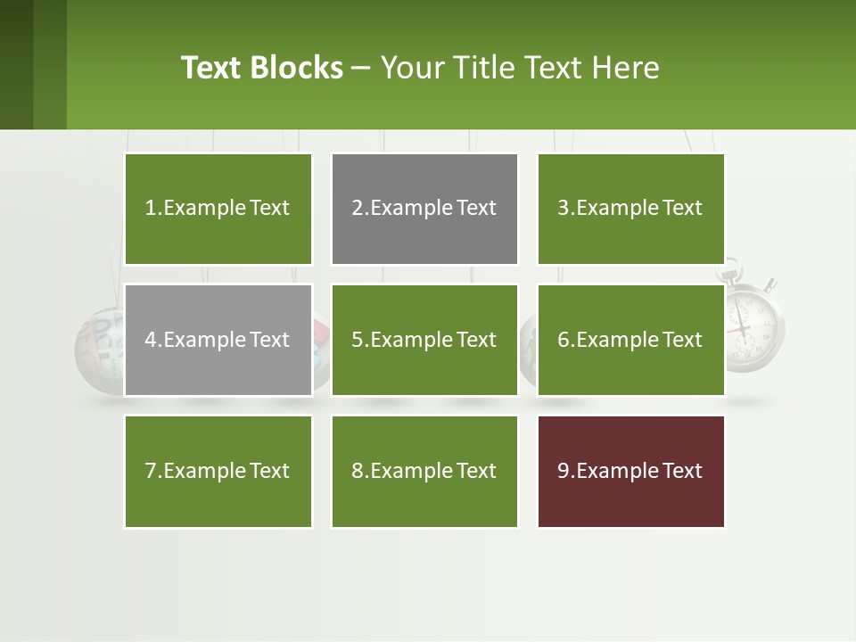 A Group Of Balls Hanging From Strings With A Clock In The Middle PowerPoint Template