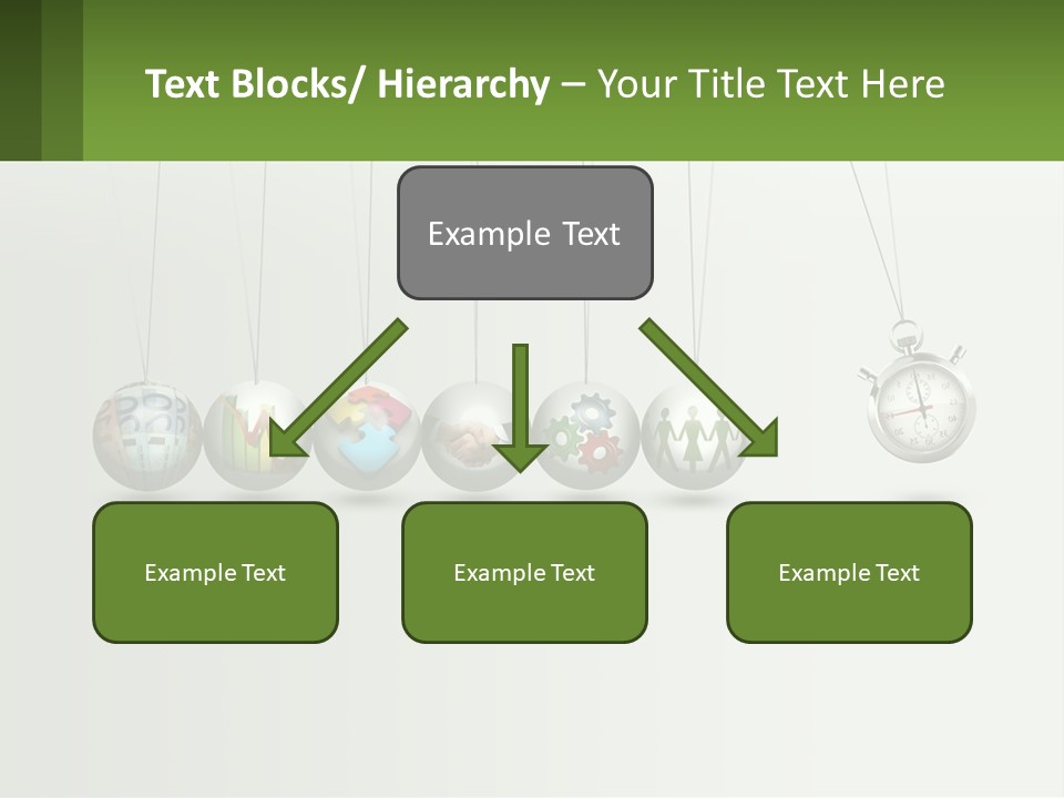 A Group Of Balls Hanging From Strings With A Clock In The Middle PowerPoint Template