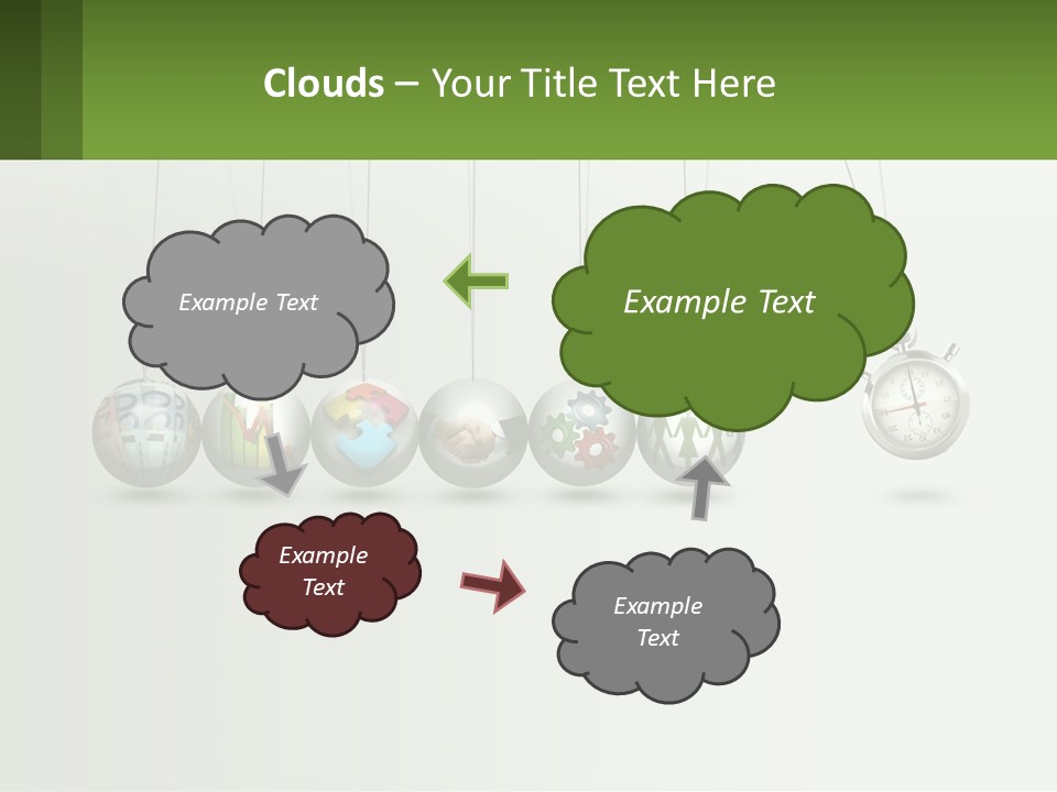 A Group Of Balls Hanging From Strings With A Clock In The Middle PowerPoint Template