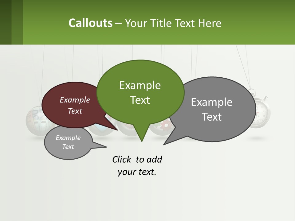 A Group Of Balls Hanging From Strings With A Clock In The Middle PowerPoint Template