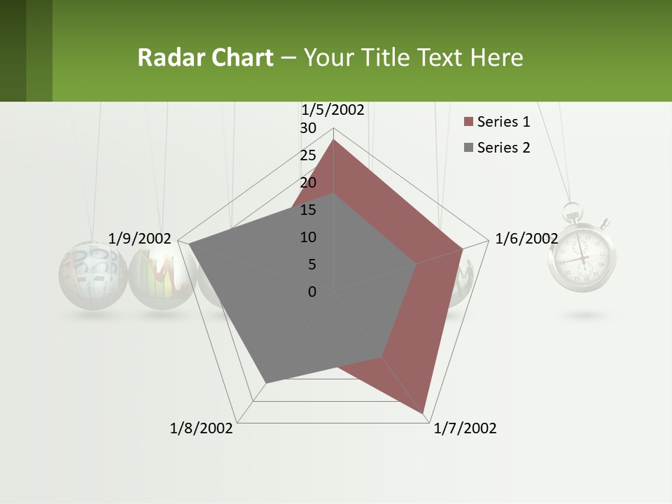 A Group Of Balls Hanging From Strings With A Clock In The Middle PowerPoint Template