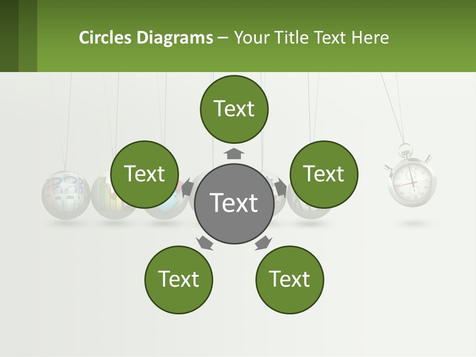 A Group Of Balls Hanging From Strings With A Clock In The Middle PowerPoint Template