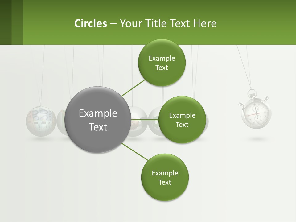A Group Of Balls Hanging From Strings With A Clock In The Middle PowerPoint Template
