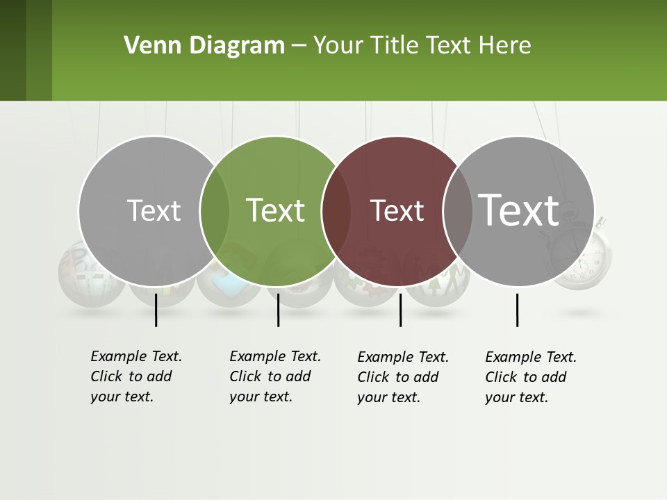 A Group Of Balls Hanging From Strings With A Clock In The Middle PowerPoint Template