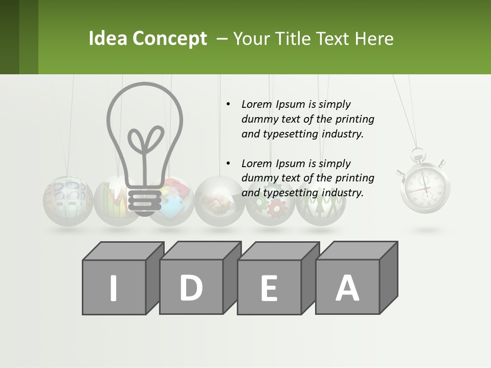 A Group Of Balls Hanging From Strings With A Clock In The Middle PowerPoint Template