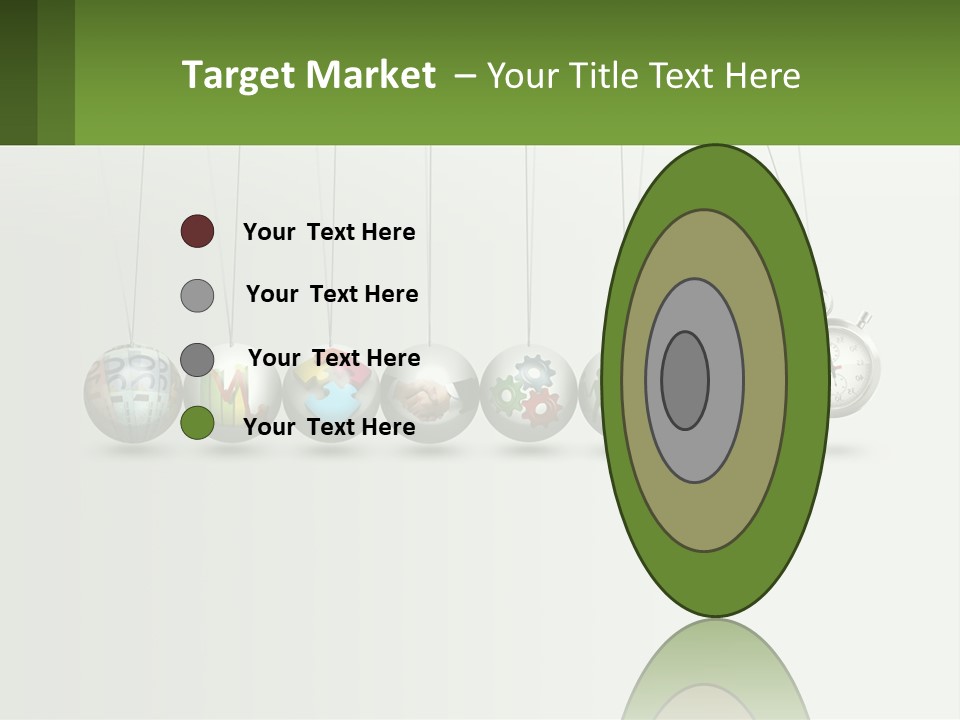 A Group Of Balls Hanging From Strings With A Clock In The Middle PowerPoint Template