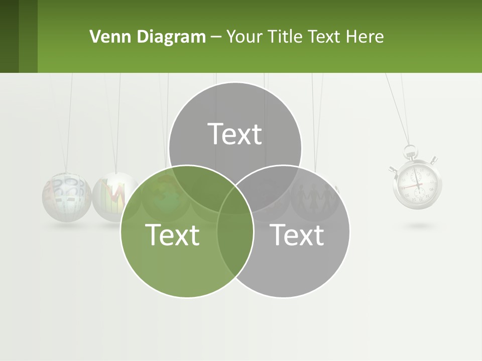 A Group Of Balls Hanging From Strings With A Clock In The Middle PowerPoint Template