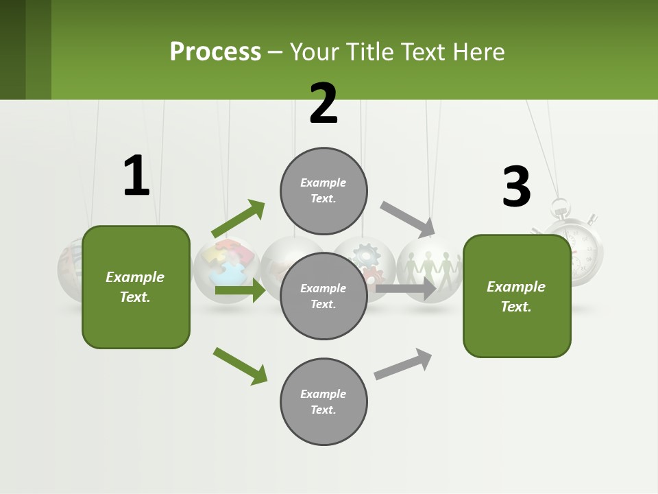 A Group Of Balls Hanging From Strings With A Clock In The Middle PowerPoint Template