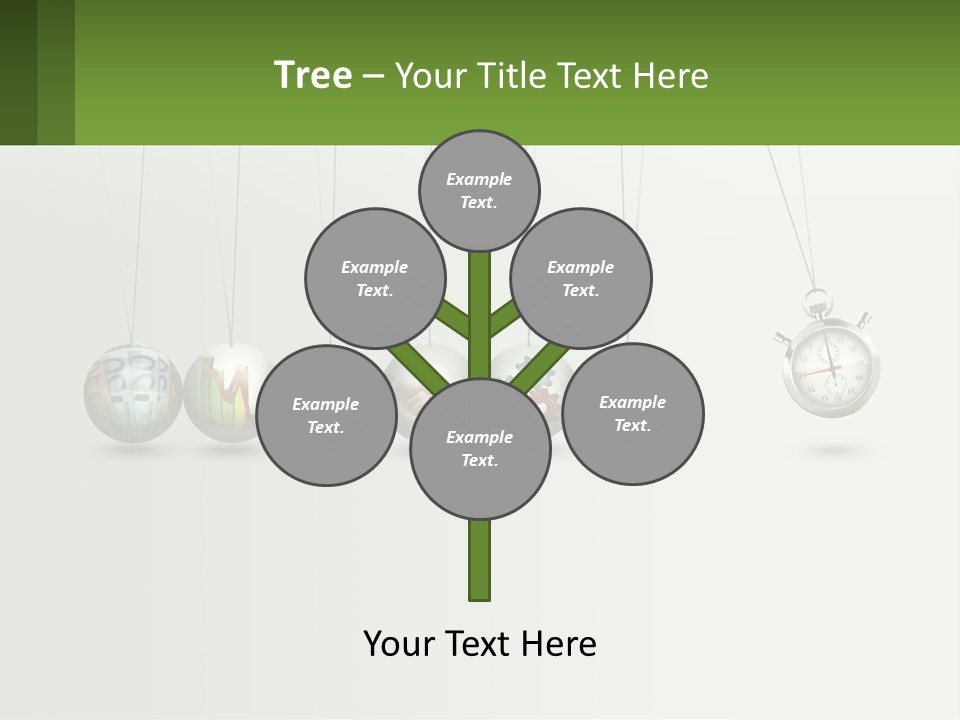 A Group Of Balls Hanging From Strings With A Clock In The Middle PowerPoint Template