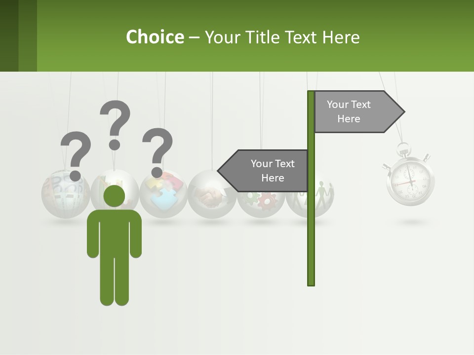 A Group Of Balls Hanging From Strings With A Clock In The Middle PowerPoint Template