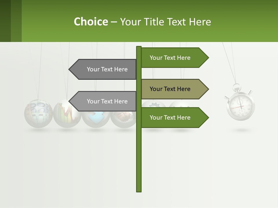A Group Of Balls Hanging From Strings With A Clock In The Middle PowerPoint Template