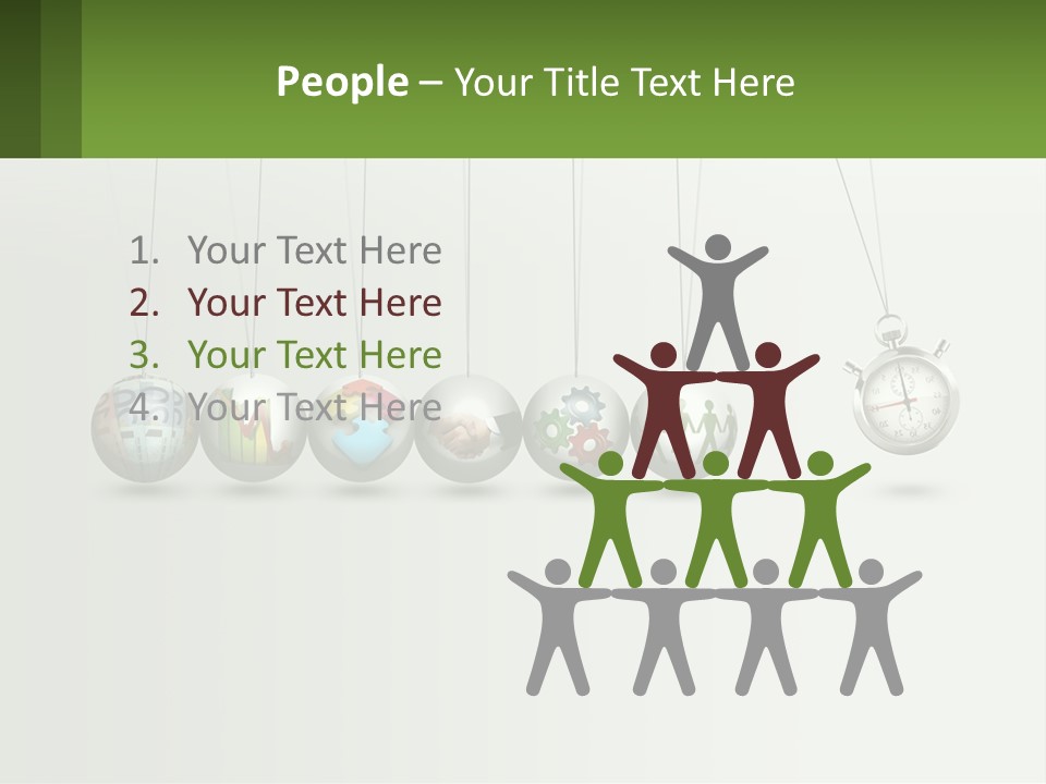 A Group Of Balls Hanging From Strings With A Clock In The Middle PowerPoint Template