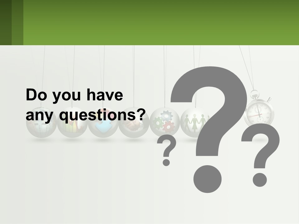 A Group Of Balls Hanging From Strings With A Clock In The Middle PowerPoint Template