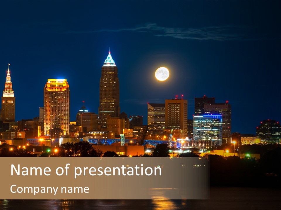 A City At Night With A Full Moon In The Sky PowerPoint Template