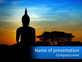 A Buddha Statue With The Sun Setting In The Background PowerPoint Template