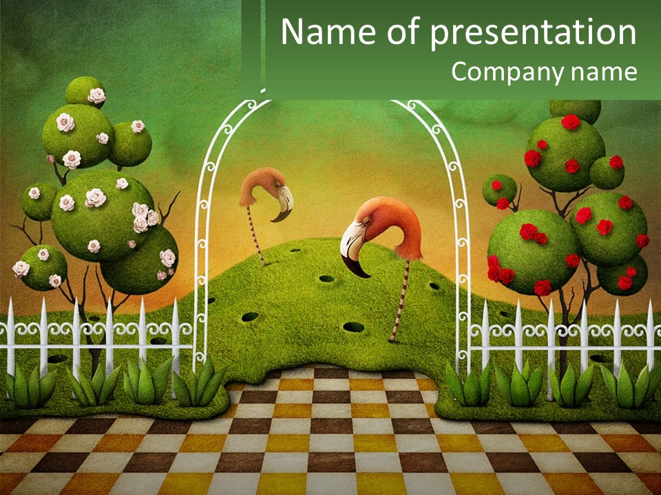 A Picture Of A Green Hill With Flamingos In It PowerPoint Template