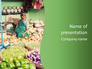 A Woman Sitting In Front Of A Display Of Vegetables PowerPoint Template