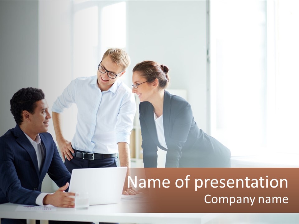 A Group Of People Sitting Around A Table With A Laptop PowerPoint Template