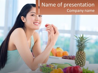 A Woman Sitting At A Table With A Bowl Of Fruit PowerPoint Template