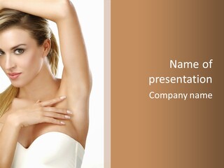 A Beautiful Woman In A White Dress Posing For A Picture PowerPoint Template