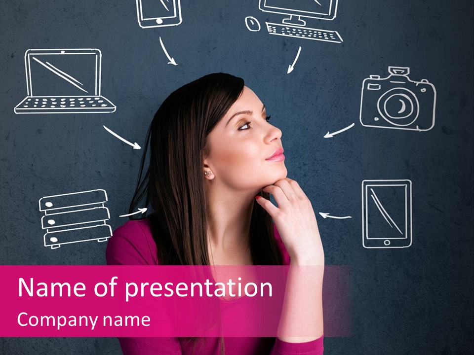 A Woman In A Pink Shirt Is Looking Up PowerPoint Template