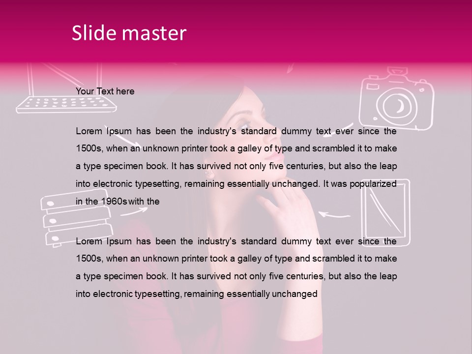 A Woman In A Pink Shirt Is Looking Up PowerPoint Template