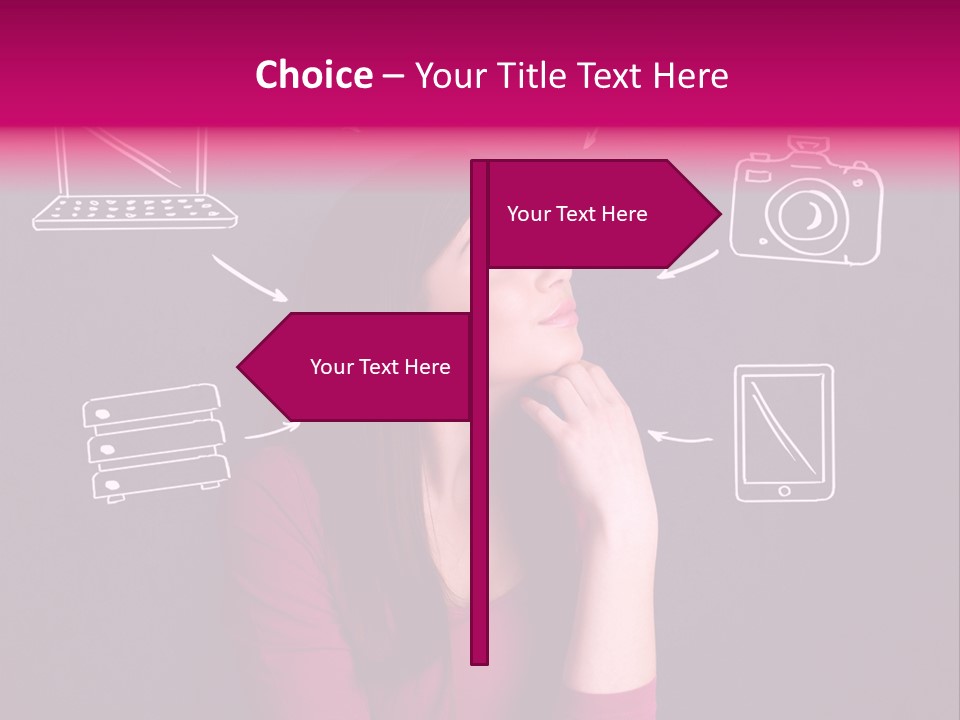 A Woman In A Pink Shirt Is Looking Up PowerPoint Template