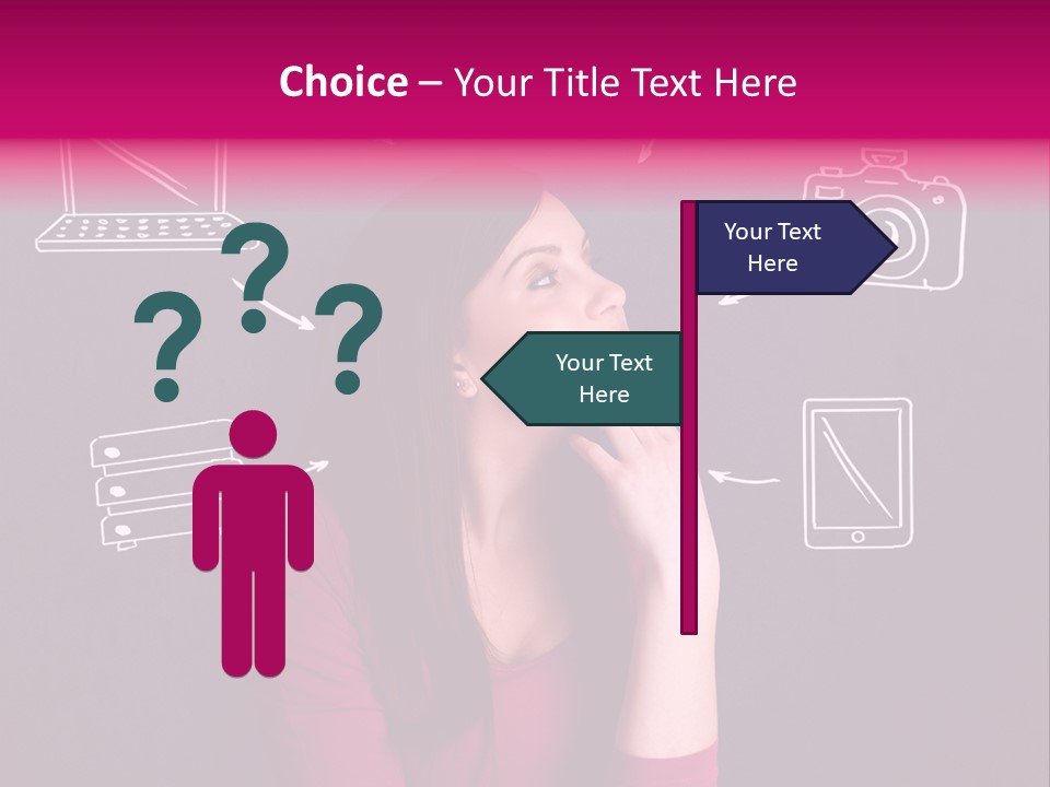 A Woman In A Pink Shirt Is Looking Up PowerPoint Template