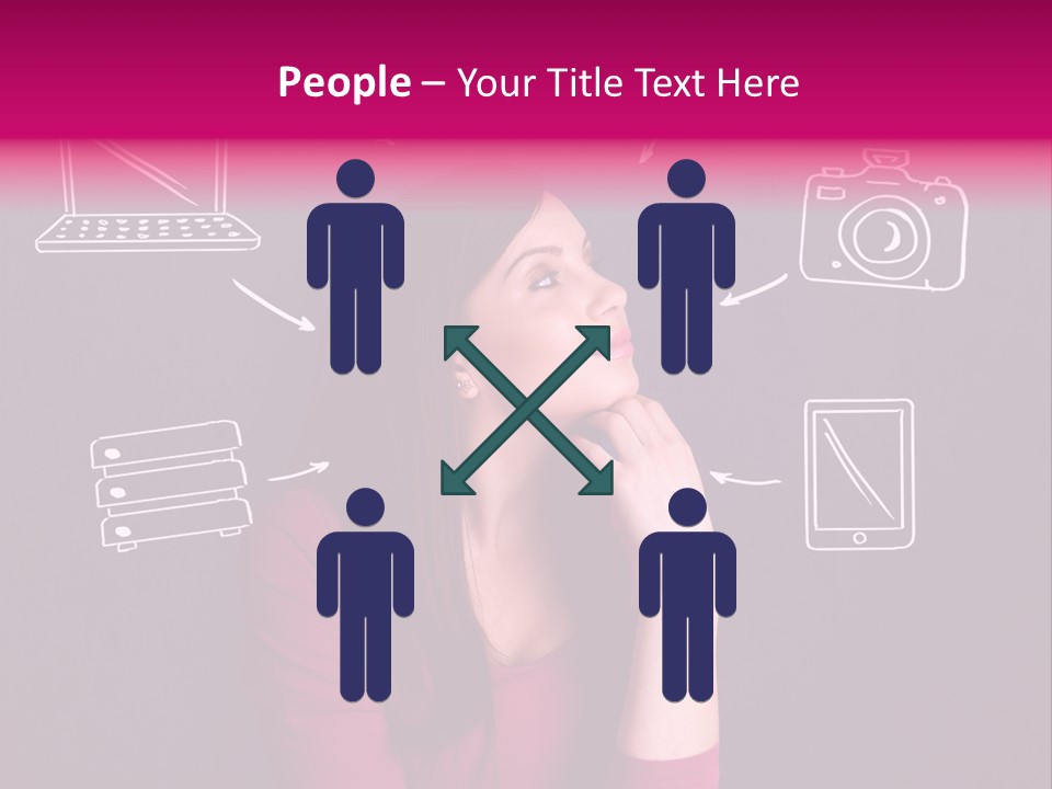 A Woman In A Pink Shirt Is Looking Up PowerPoint Template