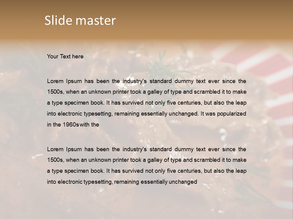 A Red And White Plate Topped With Meat Covered In Gravy PowerPoint Template