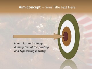 A Red And White Plate Topped With Meat Covered In Gravy PowerPoint Template