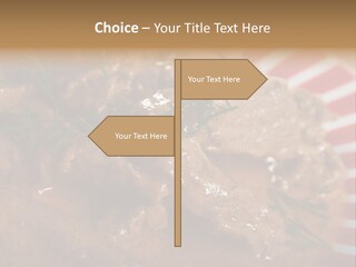 A Red And White Plate Topped With Meat Covered In Gravy PowerPoint Template