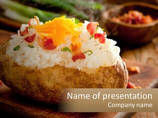 A Baked Potato On A Cutting Board With A Bowl Of Vegetables In The Background PowerPoint Template