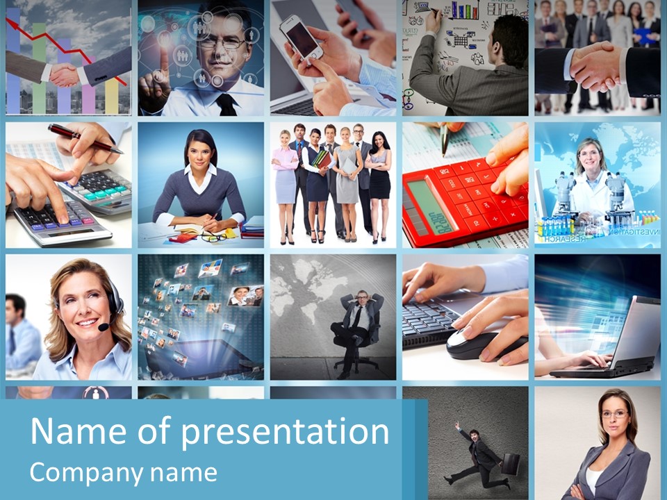 A Collage Of Business Images With A Woman Holding A Cell Phone PowerPoint Template