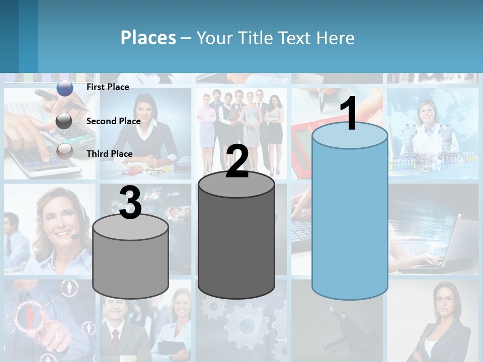 A Collage Of Business Images With A Woman Holding A Cell Phone PowerPoint Template