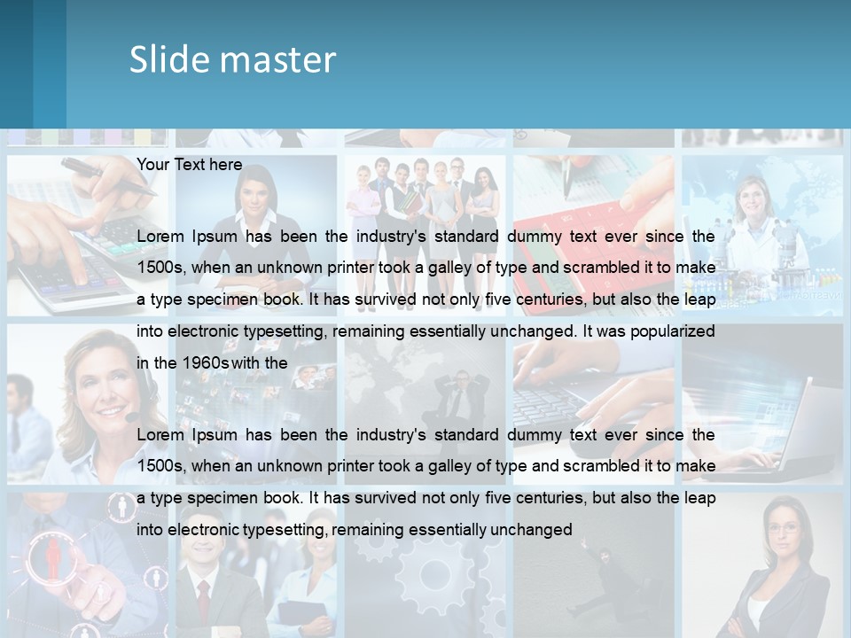 A Collage Of Business Images With A Woman Holding A Cell Phone PowerPoint Template