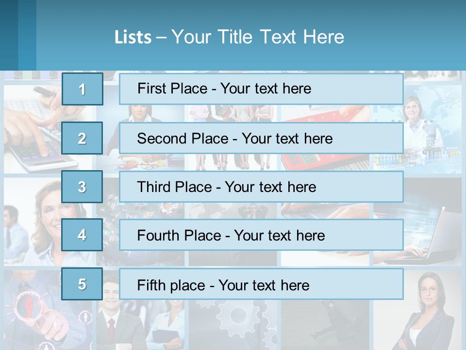 A Collage Of Business Images With A Woman Holding A Cell Phone PowerPoint Template