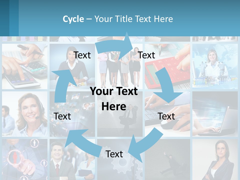 A Collage Of Business Images With A Woman Holding A Cell Phone PowerPoint Template