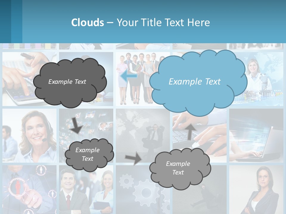 A Collage Of Business Images With A Woman Holding A Cell Phone PowerPoint Template