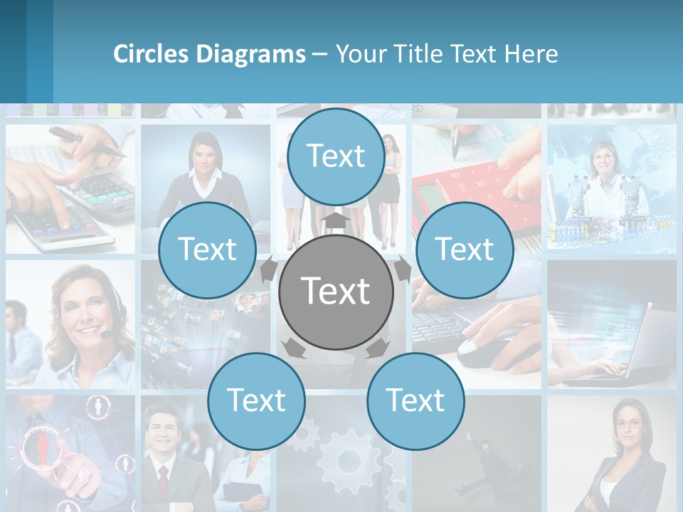 A Collage Of Business Images With A Woman Holding A Cell Phone PowerPoint Template