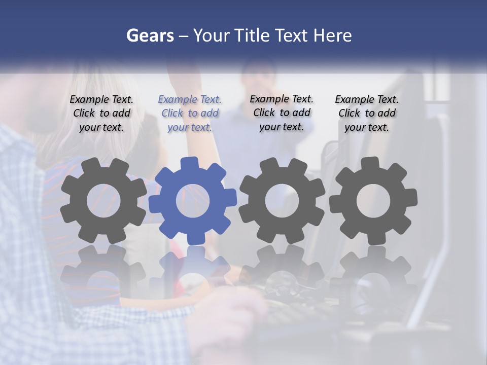 A Group Of People Standing Around A Computer Screen PowerPoint Template