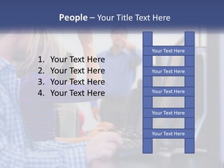 A Group Of People Standing Around A Computer Screen PowerPoint Template