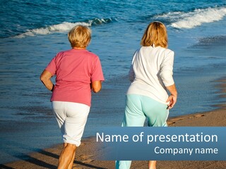 Two Women Walking Along The Beach Towards The Ocean PowerPoint Template