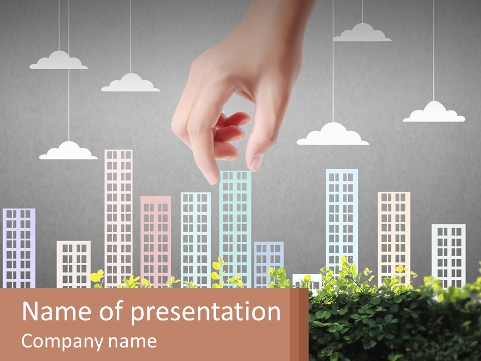 A Hand Reaching For A Building With Clouds Above It PowerPoint Template