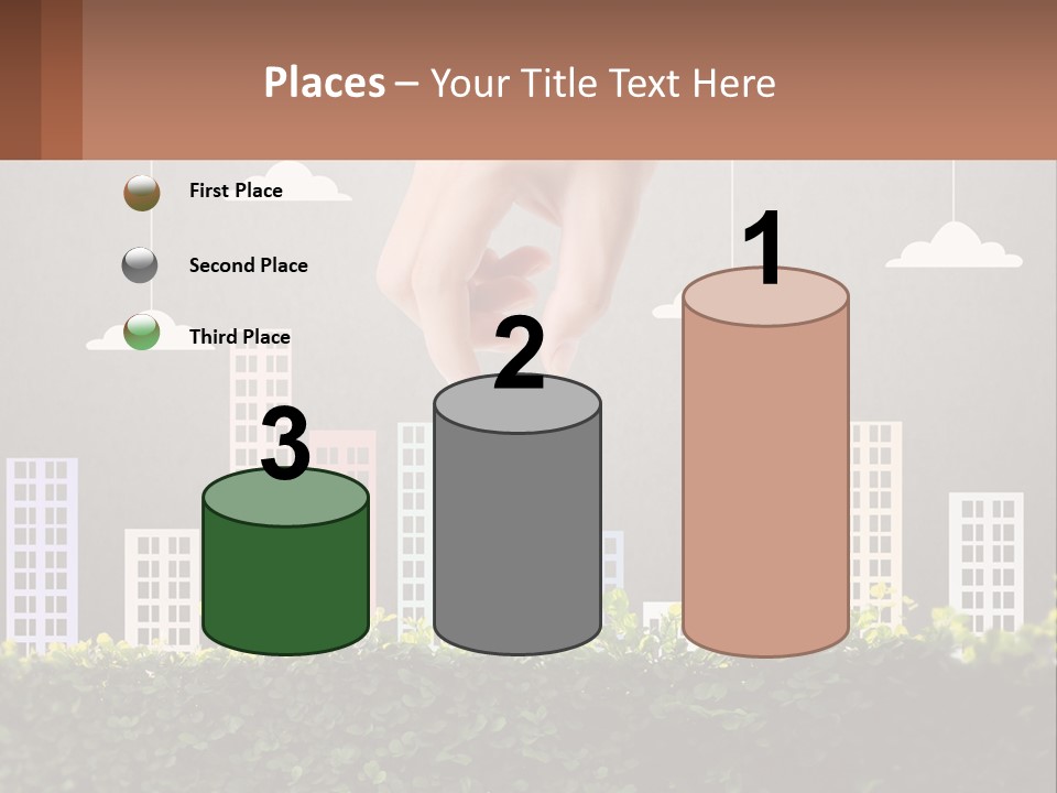 A Hand Reaching For A Building With Clouds Above It PowerPoint Template