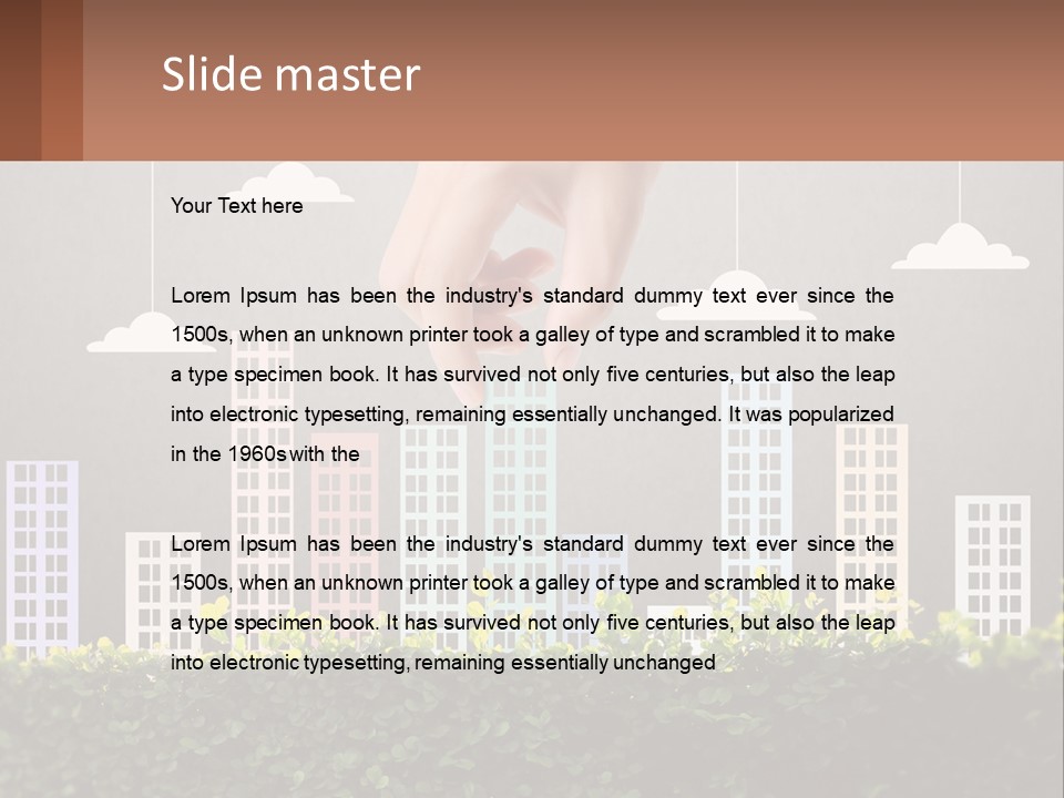 A Hand Reaching For A Building With Clouds Above It PowerPoint Template