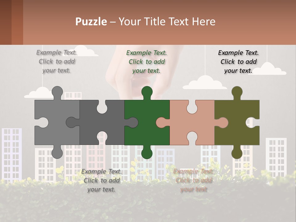 A Hand Reaching For A Building With Clouds Above It PowerPoint Template