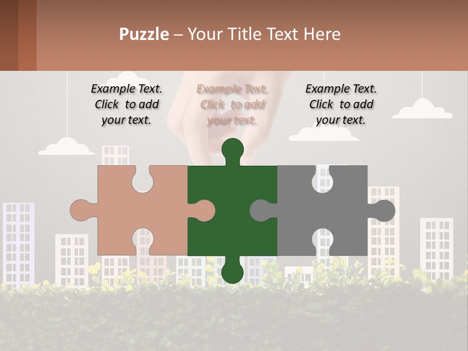 A Hand Reaching For A Building With Clouds Above It PowerPoint Template