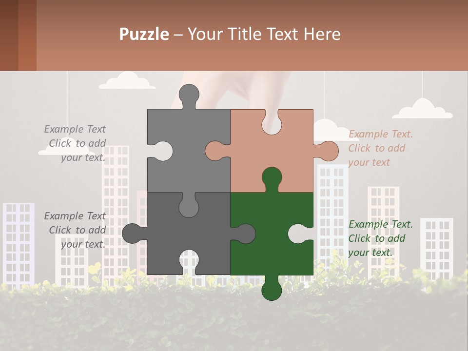 A Hand Reaching For A Building With Clouds Above It PowerPoint Template